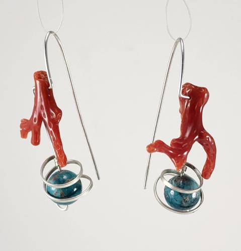 Turquoise, Coral, and Sterling Earrings by Fred Tate